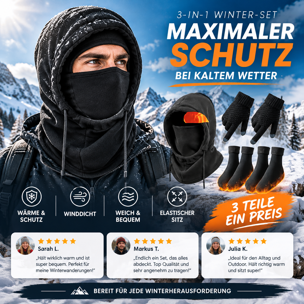 ❄️ 50% RABATT! ⏰❄️Halten Sie sich den ganzen Winter warm! 3‑Teil‑Set: Mütze + Handschuhe + Socken + Gesichtsmaske✨