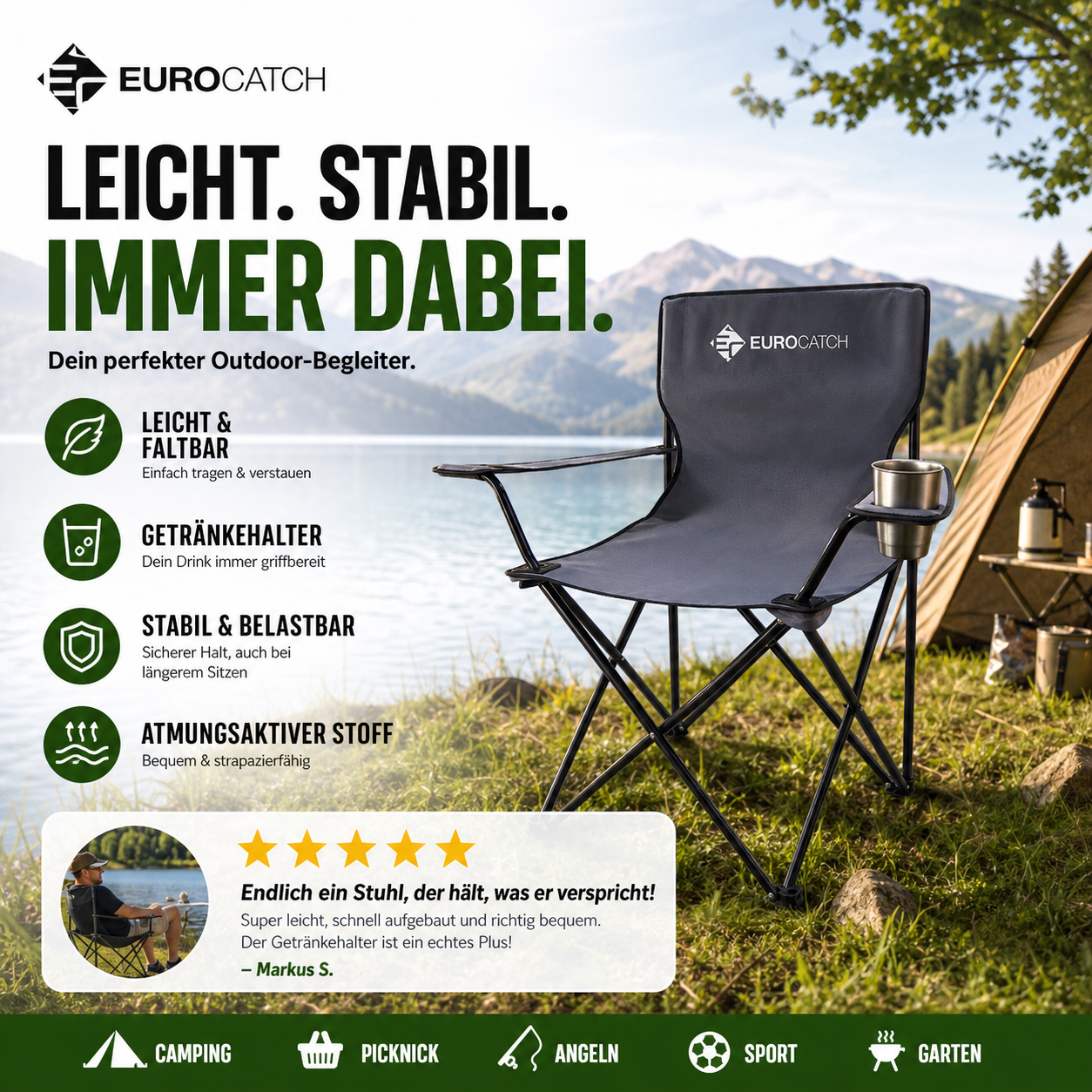 Tragbarer, zusammenklappbarer Campingstuhl mit Getränkehalter