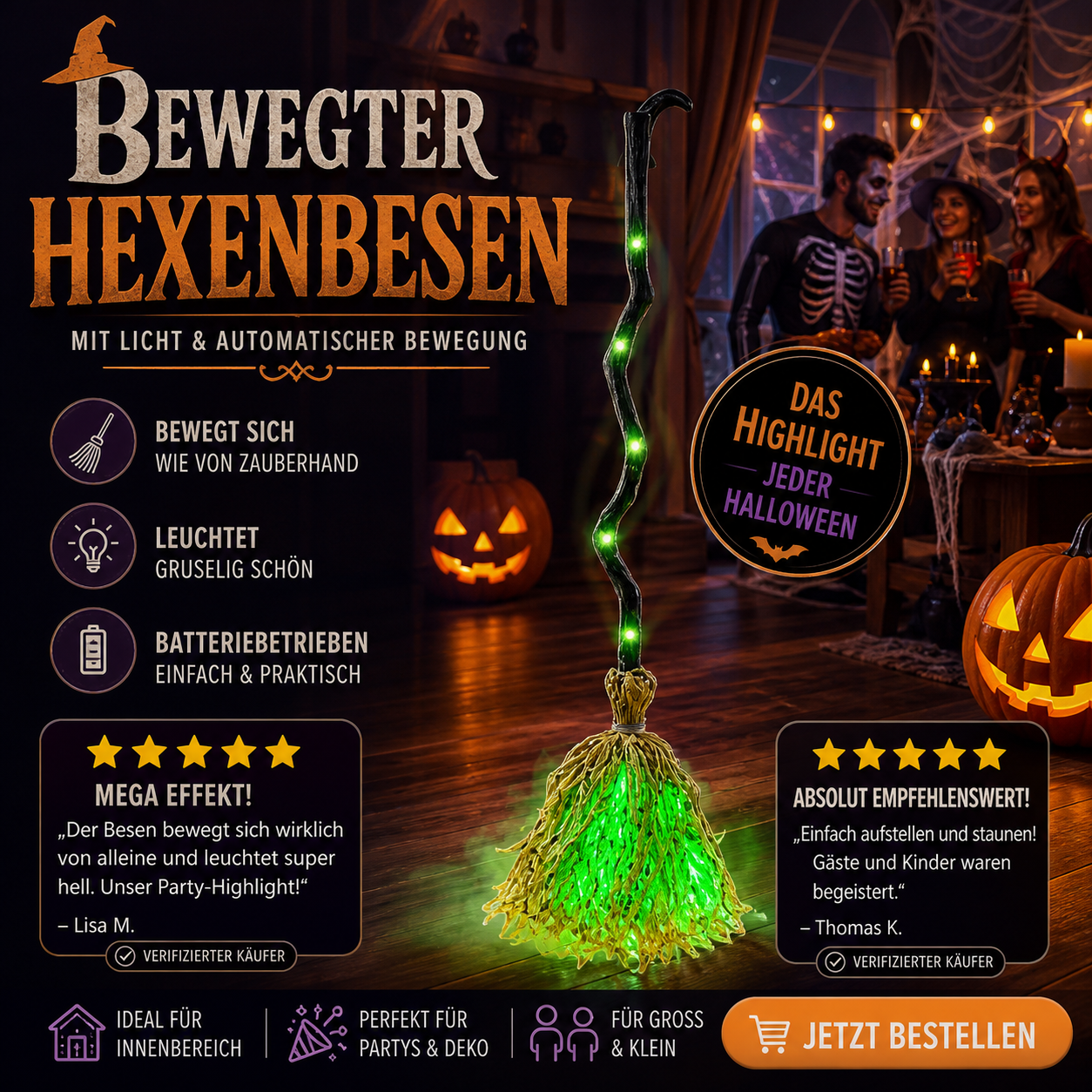 Elektrische Hexenbesen-Dekoration zu Halloween