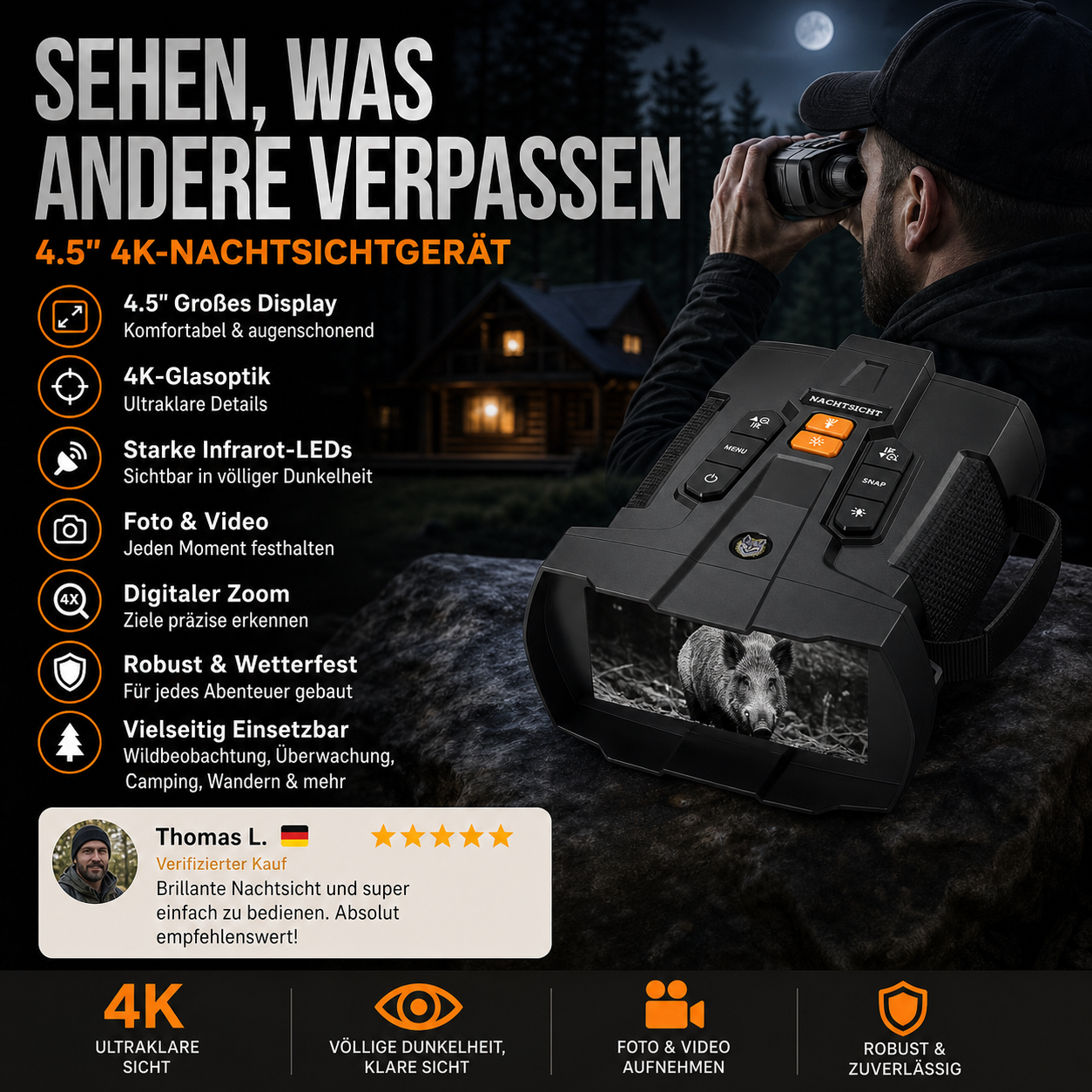 4.5‑Zoll‑Nachtsichtbrille mit 4K‑Ferrooptik