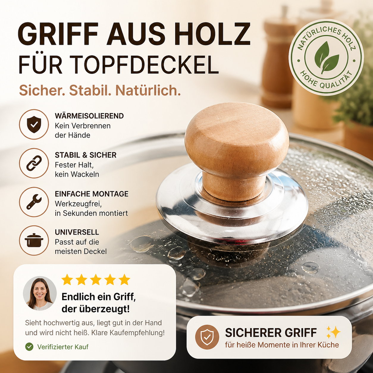 🍲 Massivholz Topfdeckelknauf