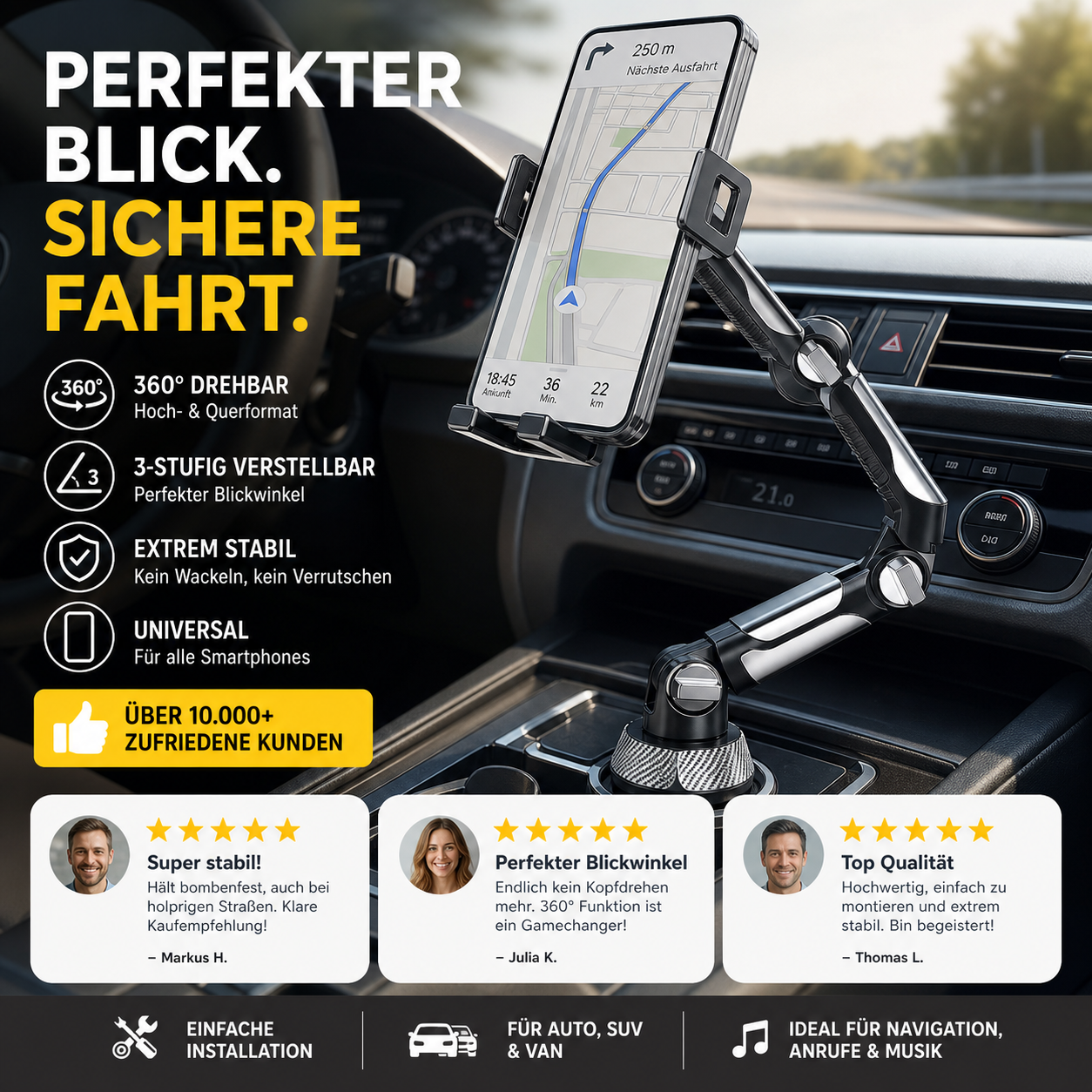 360° drehbare und verstellbare Autohalterung für Trinkbecher