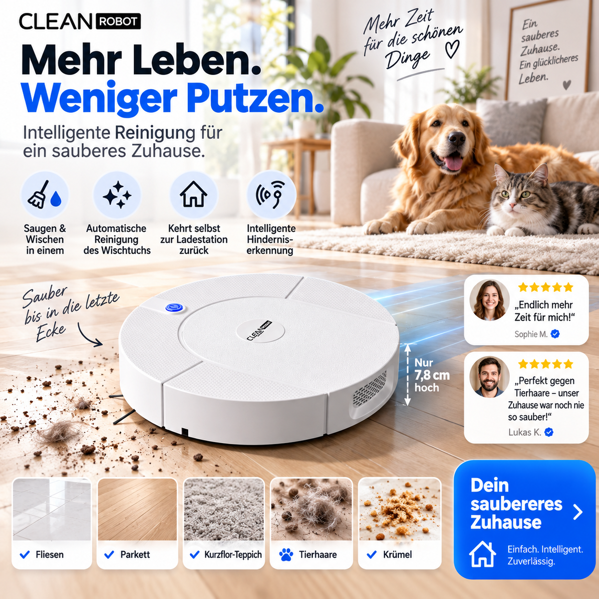 🤖 Intelligenter Saug-Wisch-Roboter mit automatischer Moppreinigung