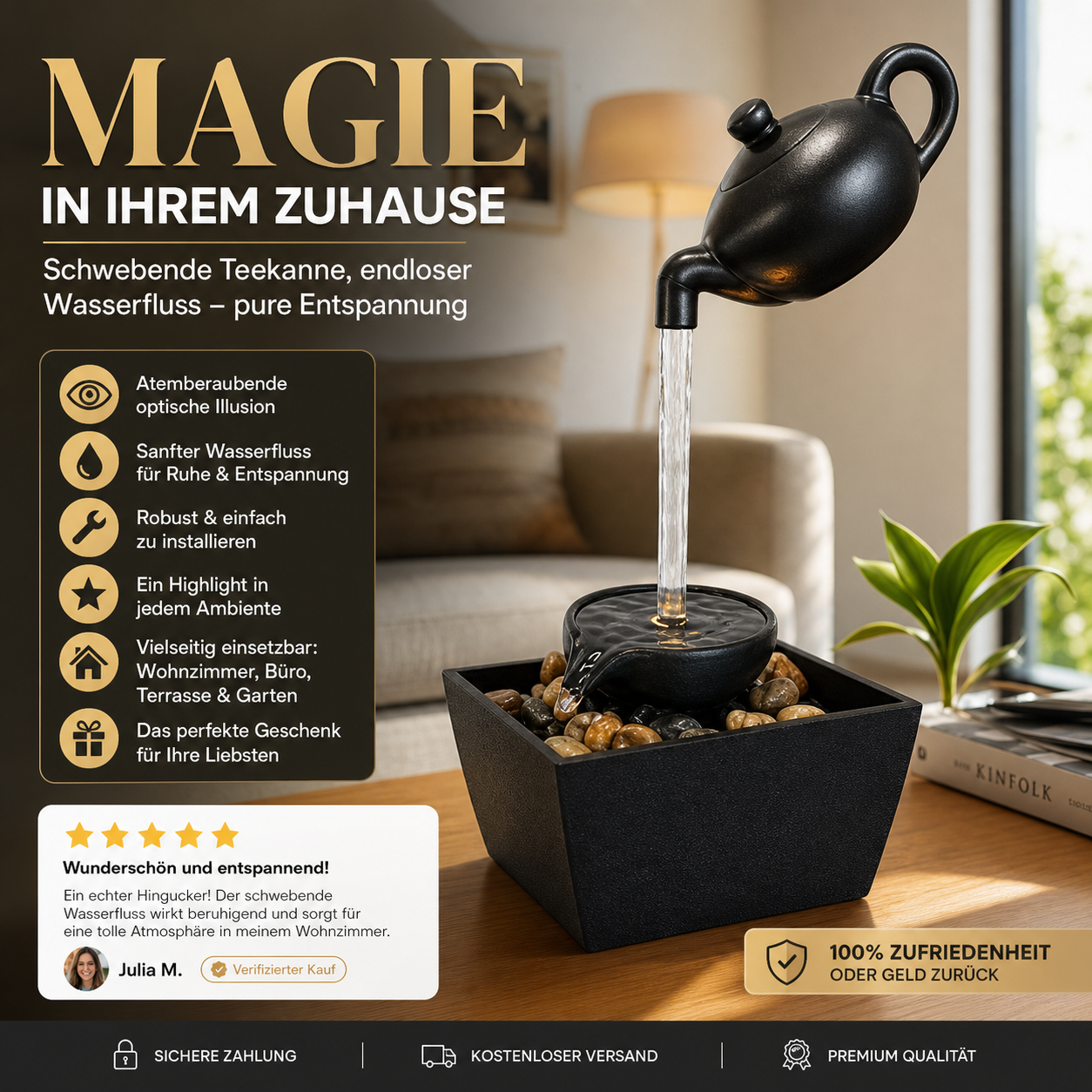 50% RABATT! Schwebende Illusions-Teekanne Wasserfontänen-Dekoration – Optische Täuschung, fließendes Wasser & beruhigendes Ambiente – Perfekt für Wohnzimmer, Garten & Büro 🌊