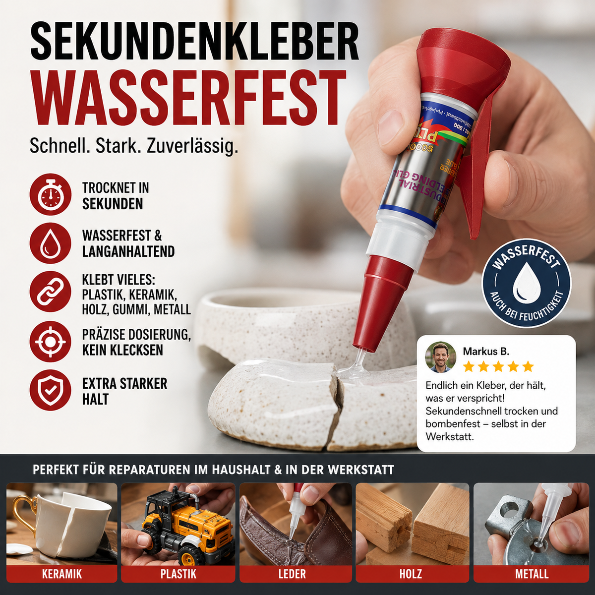 Wasserfester, schnell trocknender Allzweck-Sekundenkleber