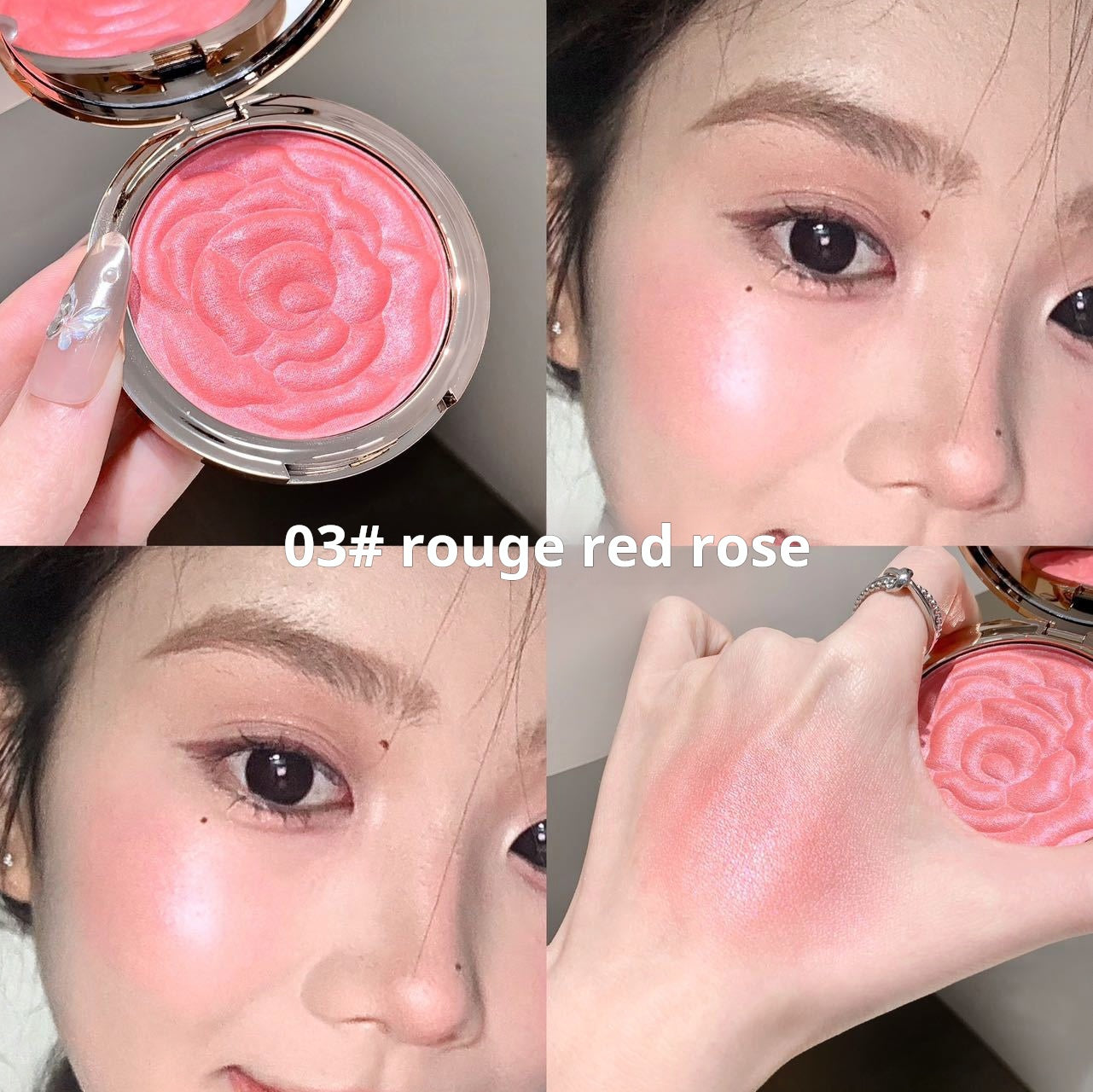 Flower Knows Strawberry Rococo Embossed Blush, Mauve Berry Rose Matte Powder Blush für die Wangen, aufbaubares und gut verblendbares Gesichts-Make-up