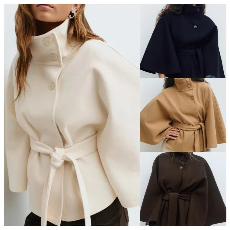 💎 Exklusives Angebot ✨ Damen-Capejacke mit Stehkragen und Taillengürtel – elegante Passform, zeitlose Eleganz und luxuriöse Ausstrahlung 👗