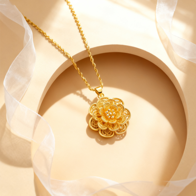 Elegante goldfarbene Blumen-Anhänger-Halskette