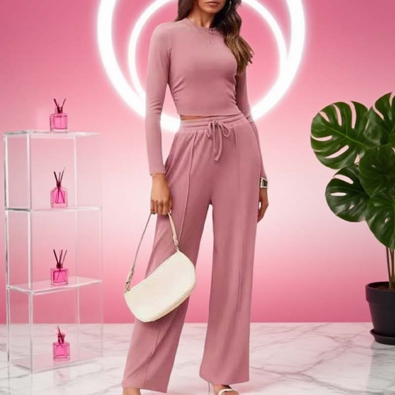 Crop-Top und gerade geschnittene Hose, 2-teiliges Lounge-Set