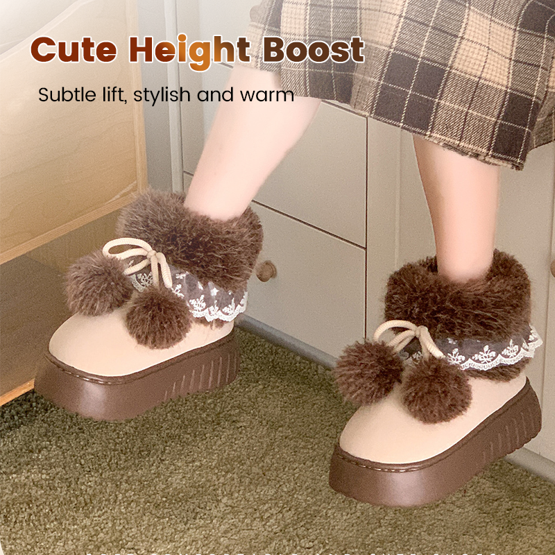 Warme, flauschige Damen-Slip-On-Plateauschuhe mit Bommel