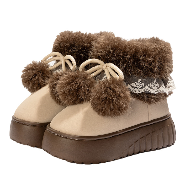 Warme, flauschige Damen-Slip-On-Plateauschuhe mit Bommel