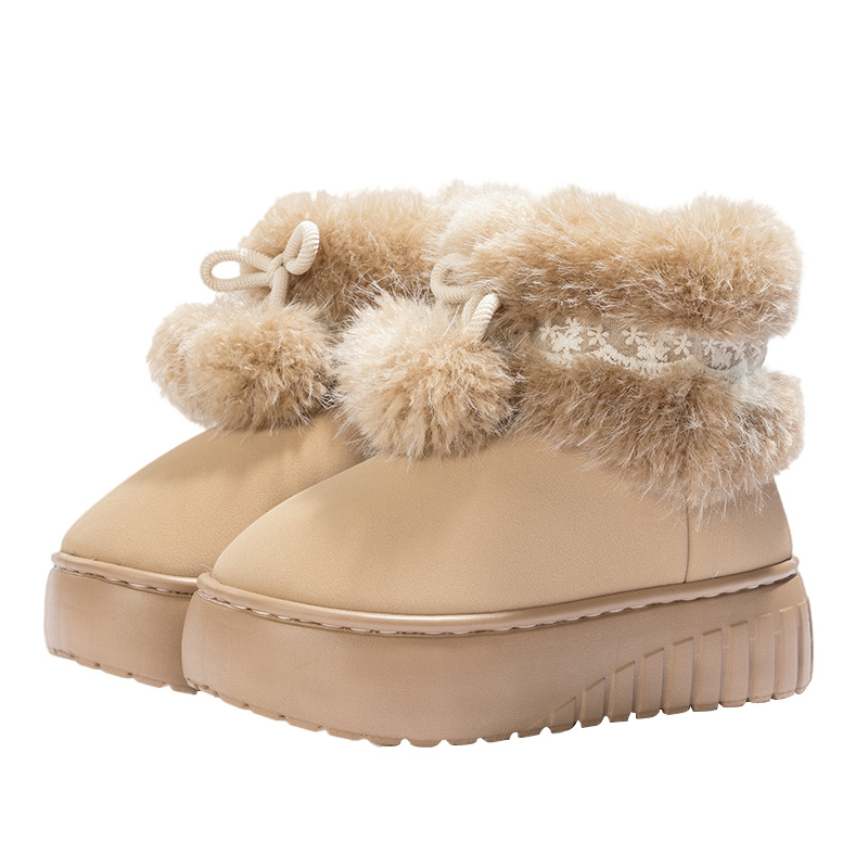 Warme, flauschige Damen-Slip-On-Plateauschuhe mit Bommel