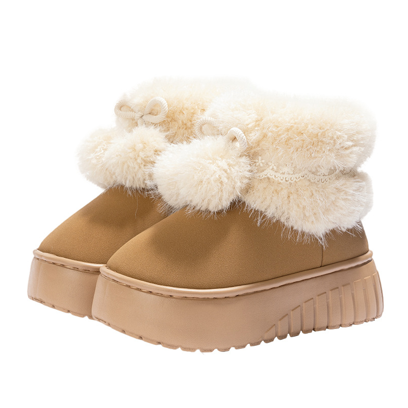 Warme, flauschige Damen-Slip-On-Plateauschuhe mit Bommel