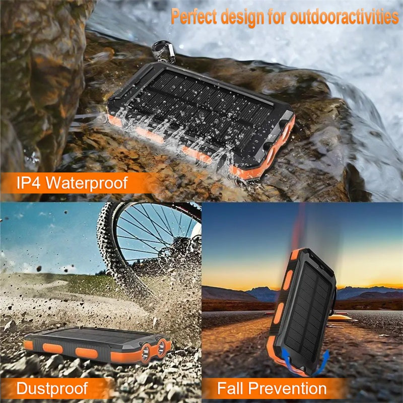 Tragbare Solar-Powerbank, Solar-Ladegerät mit zwei LED-Taschenlampen, Powerbank für Reisen und Camping