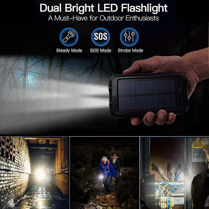 Tragbare Solar-Powerbank, Solar-Ladegerät mit zwei LED-Taschenlampen, Powerbank für Reisen und Camping