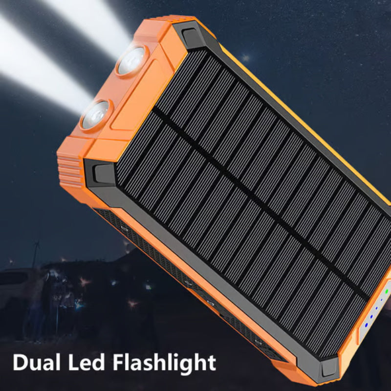 Tragbare Solar-Powerbank, Solar-Ladegerät mit zwei LED-Taschenlampen, Powerbank für Reisen und Camping