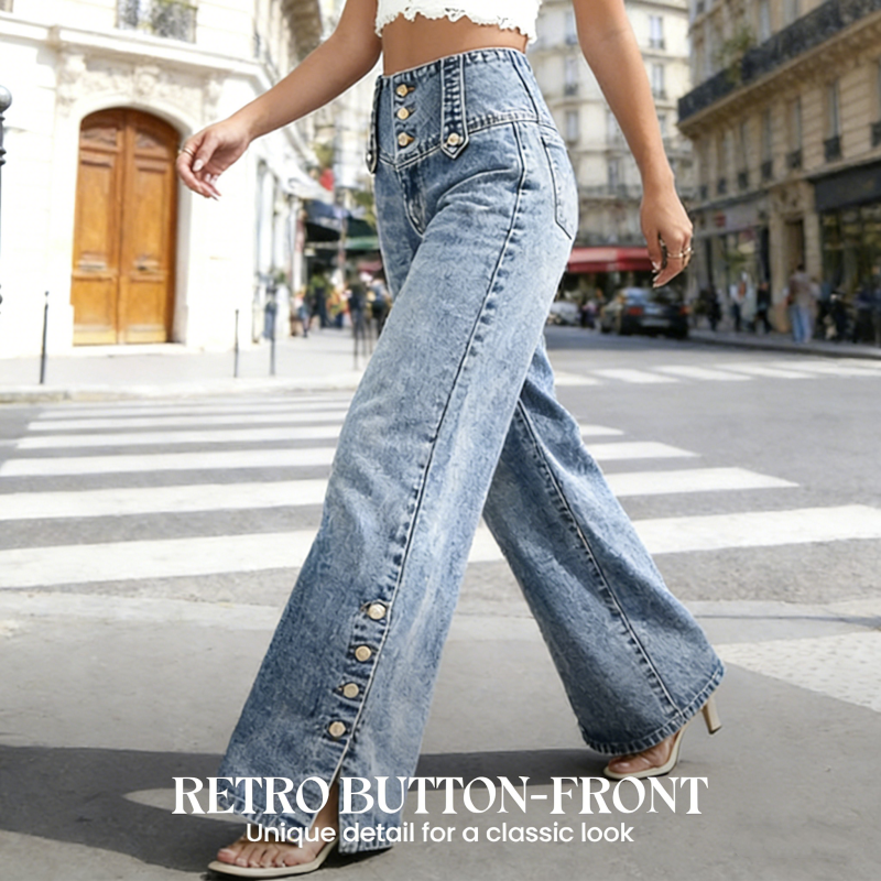 Damen High-Waist Jeans – Weites Bein mit Knopfleiste und Schlitz am Saum👖✨