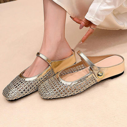 👠 Damen-Mary-Jane-Mules – Geflochten, eckige Zehen & atmungsaktiv – Für Frühling & Sommer