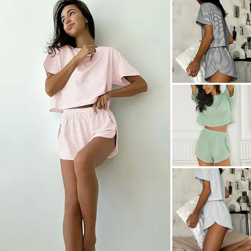Bequemes 2-teiliges Lounge-Set für Damen mit gestreiftem Print, bestehend aus kurzärmeligem Oberteil und Shorts