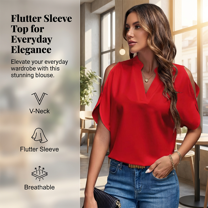 Damen-Top mit V-Ausschnitt, schulterfreiem Design und Flatterärmeln