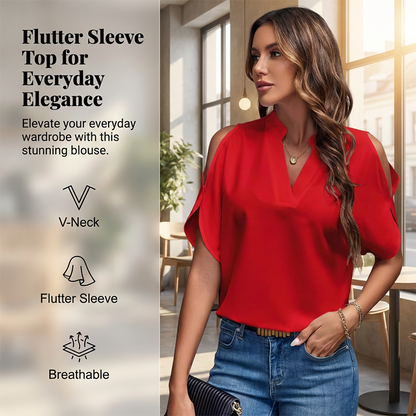 Damen-Top mit V-Ausschnitt, schulterfreiem Design und Flatterärmeln