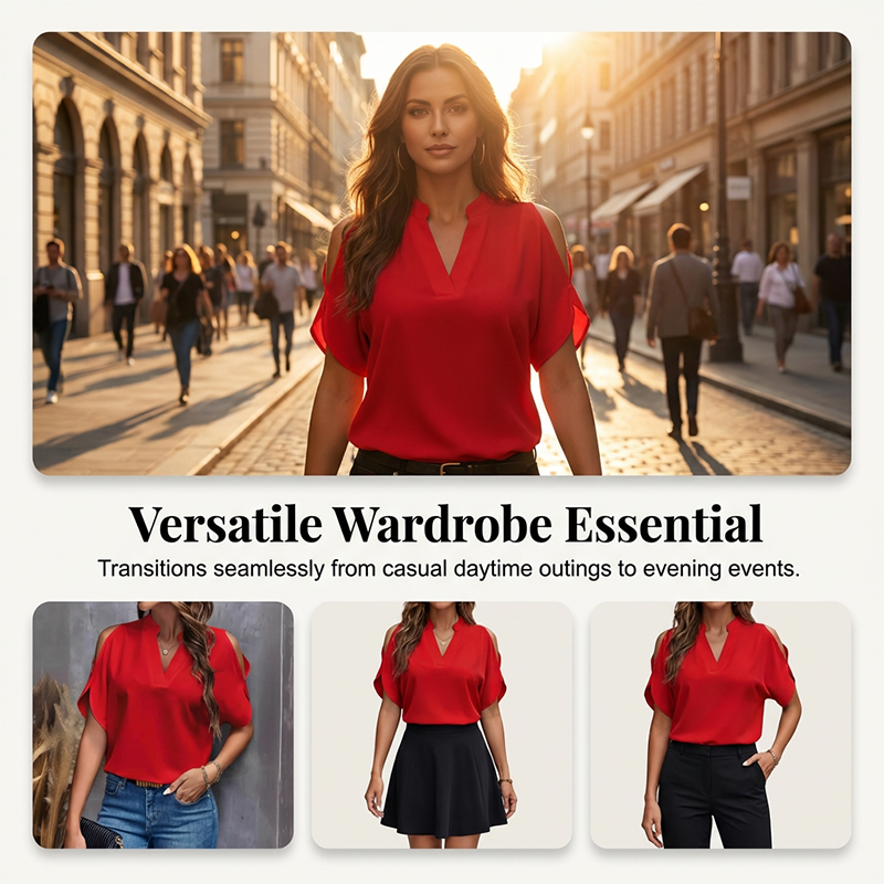 Damen-Top mit V-Ausschnitt, schulterfreiem Design und Flatterärmeln