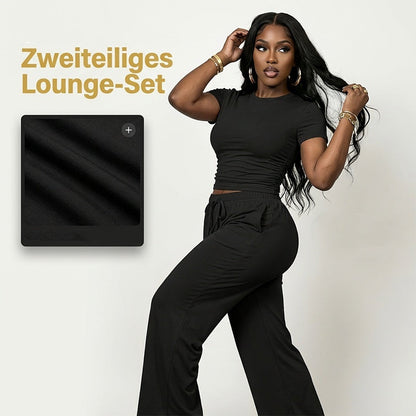 Damen-Zweiteiler: T-Shirt mit Raffung & Hose mit weitem Bein