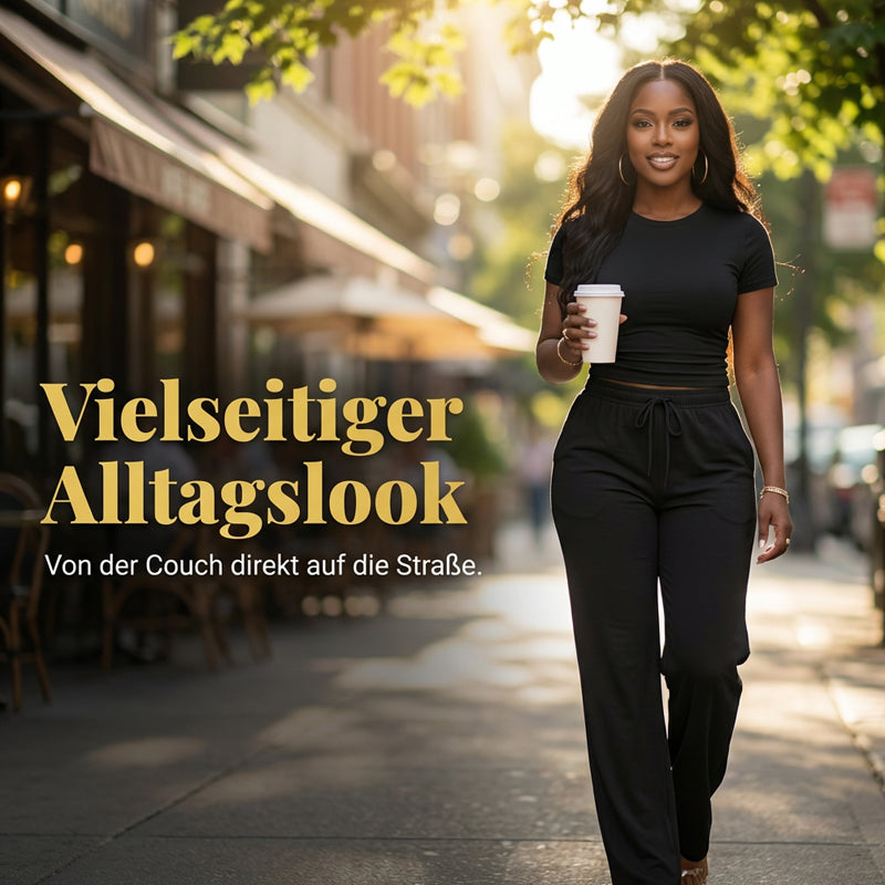 Damen-Zweiteiler: T-Shirt mit Raffung & Hose mit weitem Bein