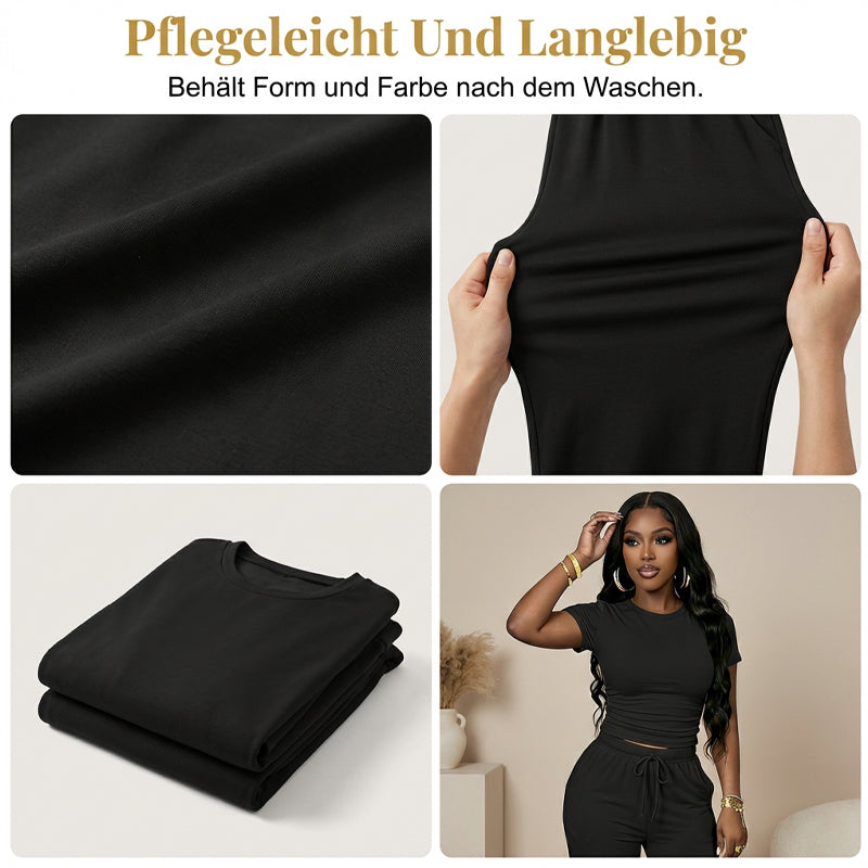 Damen-Zweiteiler: T-Shirt mit Raffung & Hose mit weitem Bein