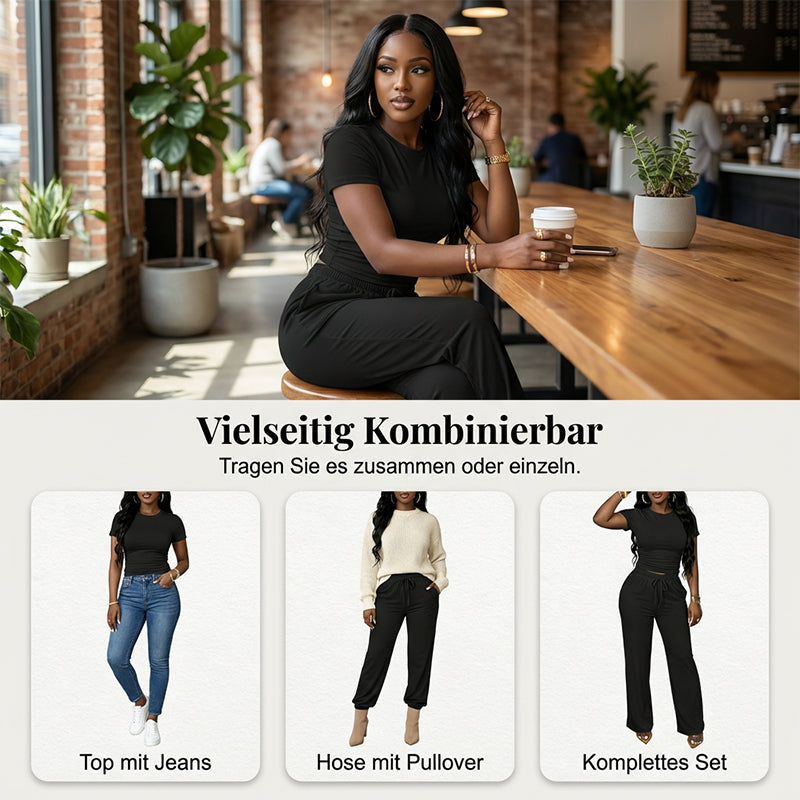 Damen-Zweiteiler: T-Shirt mit Raffung & Hose mit weitem Bein