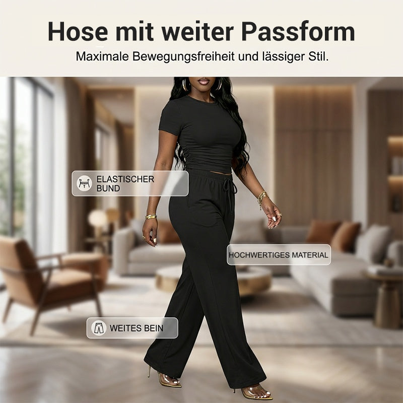 Damen-Zweiteiler: T-Shirt mit Raffung & Hose mit weitem Bein