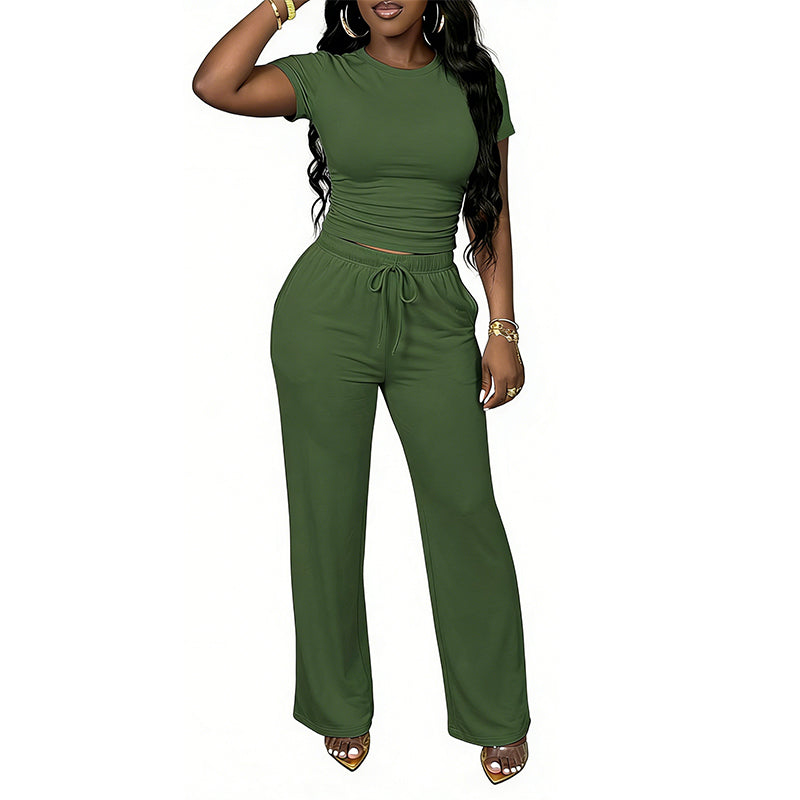 Damen-Zweiteiler: T-Shirt mit Raffung & Hose mit weitem Bein