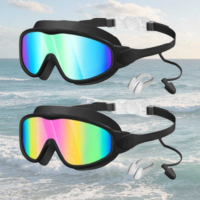 Schwimmbrille für Kinder, 2er-Set – beschlagfreie Schwimmbrille mit Ohrstöpseln, Weitwinkel-Design, bequeme Schwimmbrille aus Silikon für Jungen und Mädchen