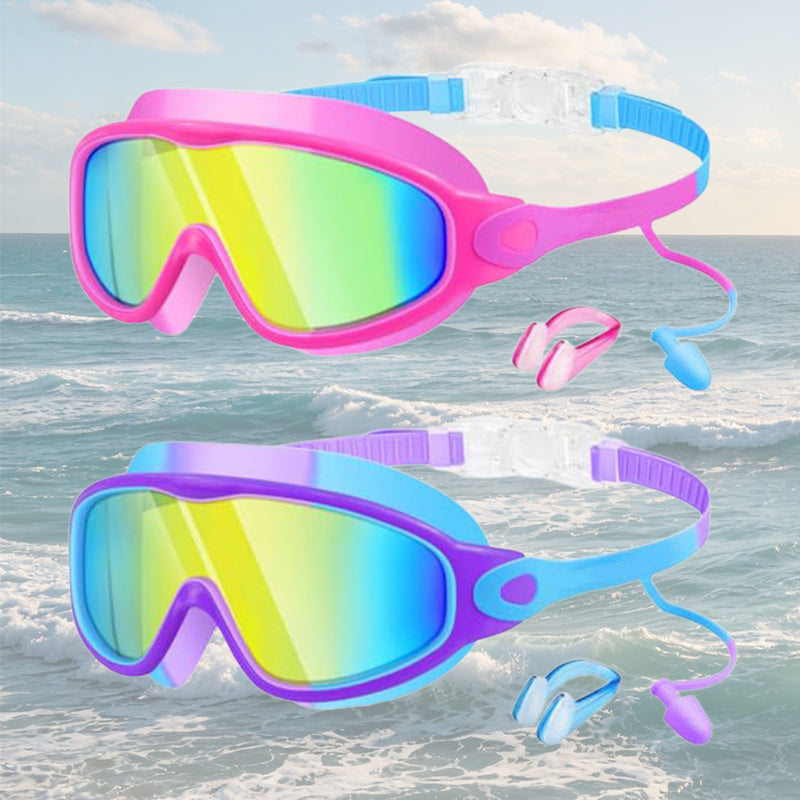 Schwimmbrille für Kinder, 2er-Set – beschlagfreie Schwimmbrille mit Ohrstöpseln, Weitwinkel-Design, bequeme Schwimmbrille aus Silikon für Jungen und Mädchen