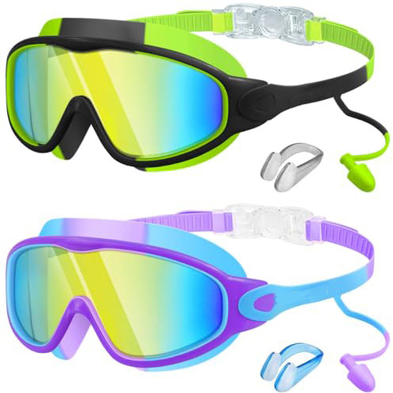 Schwimmbrille für Kinder, 2er-Set – beschlagfreie Schwimmbrille mit Ohrstöpseln, Weitwinkel-Design, bequeme Schwimmbrille aus Silikon für Jungen und Mädchen