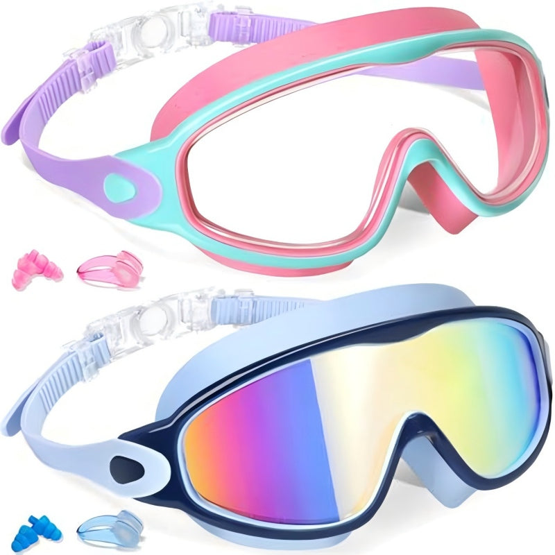 Schwimmbrille für Kinder, 2er-Set – beschlagfreie Schwimmbrille mit Ohrstöpseln, Weitwinkel-Design, bequeme Schwimmbrille aus Silikon für Jungen und Mädchen