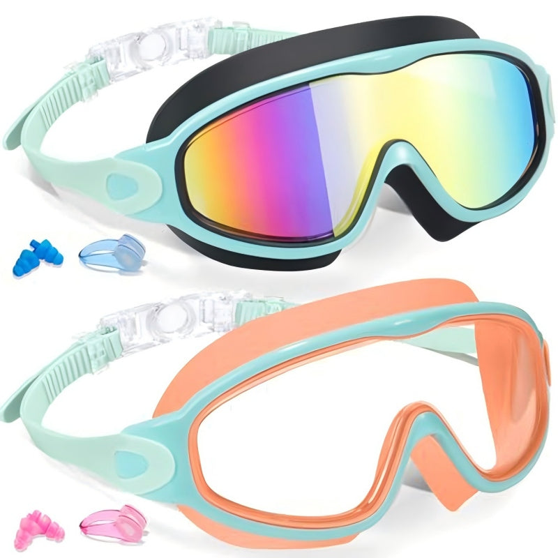 Schwimmbrille für Kinder, 2er-Set – beschlagfreie Schwimmbrille mit Ohrstöpseln, Weitwinkel-Design, bequeme Schwimmbrille aus Silikon für Jungen und Mädchen