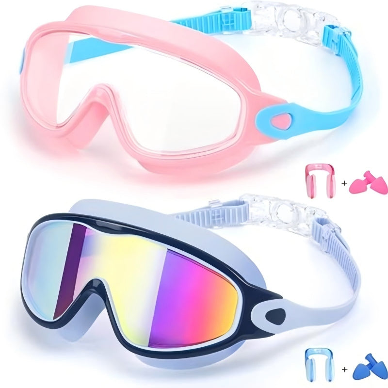 Schwimmbrille für Kinder, 2er-Set – beschlagfreie Schwimmbrille mit Ohrstöpseln, Weitwinkel-Design, bequeme Schwimmbrille aus Silikon für Jungen und Mädchen