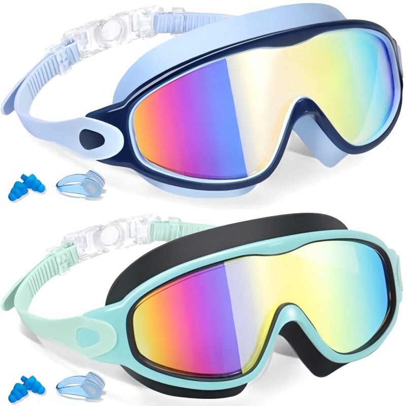 Schwimmbrille für Kinder, 2er-Set – beschlagfreie Schwimmbrille mit Ohrstöpseln, Weitwinkel-Design, bequeme Schwimmbrille aus Silikon für Jungen und Mädchen