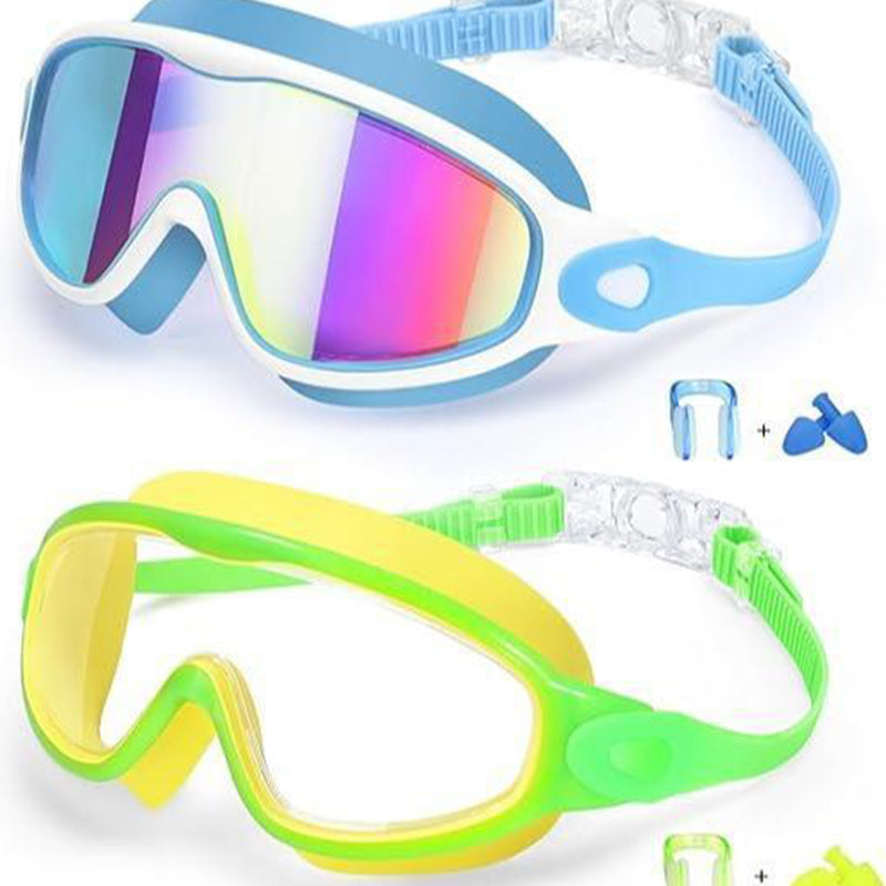 Schwimmbrille für Kinder, 2er-Set – beschlagfreie Schwimmbrille mit Ohrstöpseln, Weitwinkel-Design, bequeme Schwimmbrille aus Silikon für Jungen und Mädchen