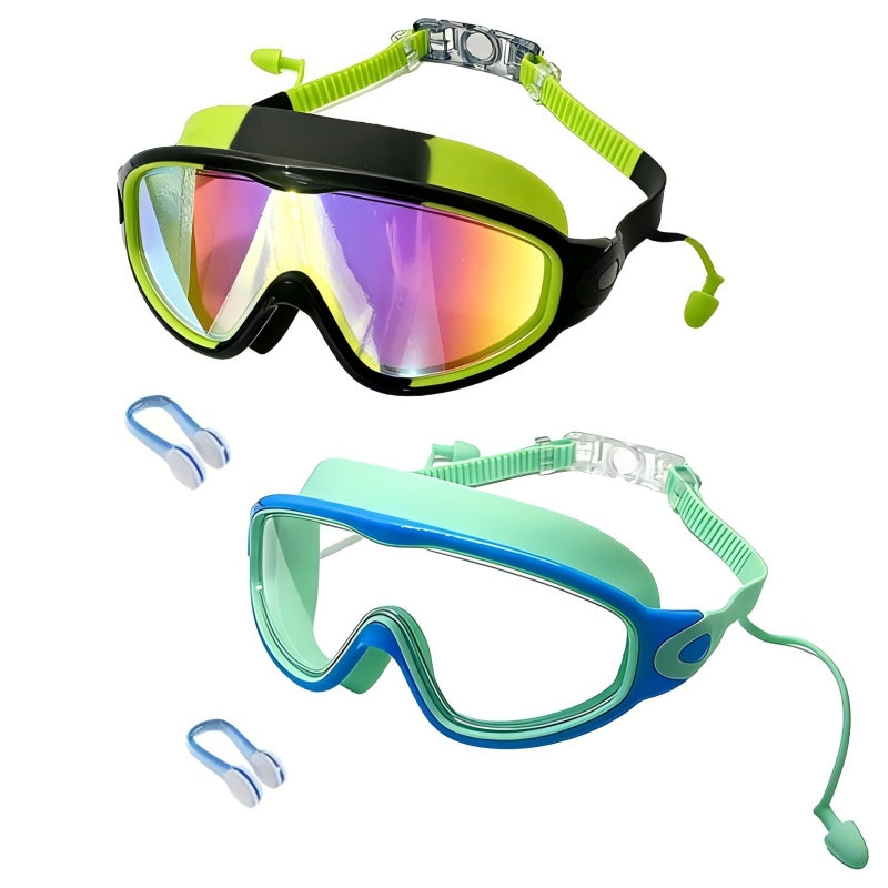 Schwimmbrille für Kinder, 2er-Set – beschlagfreie Schwimmbrille mit Ohrstöpseln, Weitwinkel-Design, bequeme Schwimmbrille aus Silikon für Jungen und Mädchen