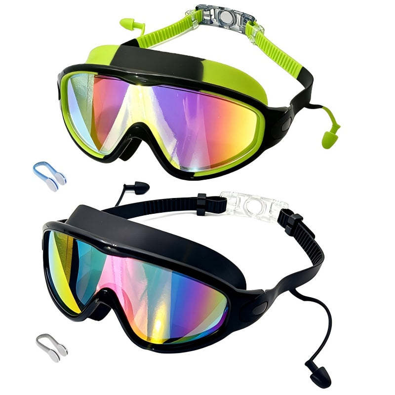 Schwimmbrille für Kinder, 2er-Set – beschlagfreie Schwimmbrille mit Ohrstöpseln, Weitwinkel-Design, bequeme Schwimmbrille aus Silikon für Jungen und Mädchen