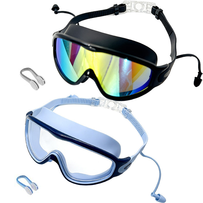 Schwimmbrille für Kinder, 2er-Set – beschlagfreie Schwimmbrille mit Ohrstöpseln, Weitwinkel-Design, bequeme Schwimmbrille aus Silikon für Jungen und Mädchen