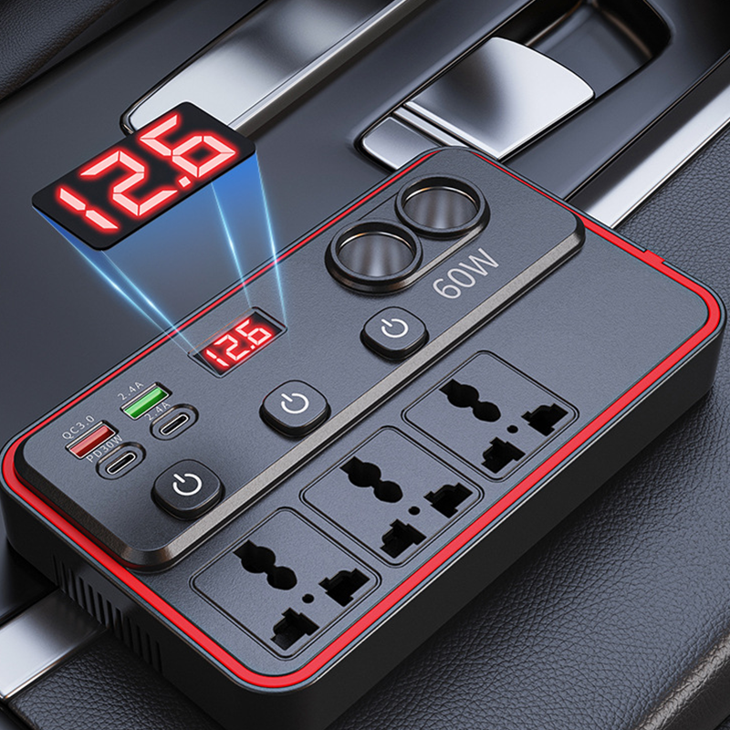 Multifunktionales Autoladegerät mit Steckdosen und USB-Anschluss