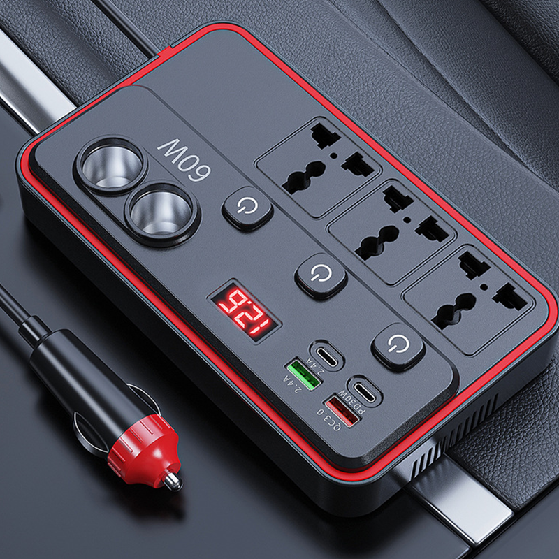Multifunktionales Autoladegerät mit Steckdosen und USB-Anschluss