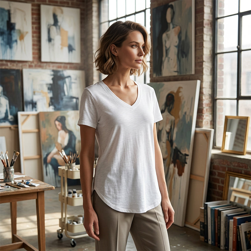Lässiges Damen-T-Shirt mit V-Ausschnitt und kurzen Ärmeln