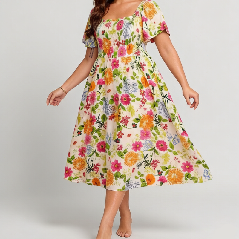🏖️Sommer-Sonderangebot: 50 % Rabatt🏝️👗Midi-Kleid mit Blumenmuster, Smok-Details, quadratischem Ausschnitt und Taschen💃