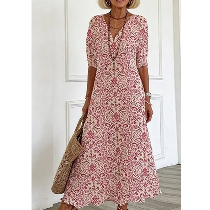 ⏰ 50 % RABATT – Nur für kurze Zeit ✨👗 Damen-Maxikleid mit V-Ausschnitt & Print – kurzärmelig, leicht & vielseitig für Alltag, Strand & Urlaub