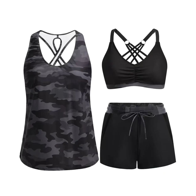 🌊 50 % RABATT FÜR BEGRENZTE ZEIT! 👙 Plus Size 3-teiliges Badeset – Tankini Top, Neckholder Bikini & Palmenprint Badeshorts, figurfreundlich für Strand & Pool