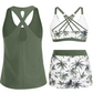 🌊 50 % RABATT FÜR BEGRENZTE ZEIT! 👙 Plus Size 3-teiliges Badeset – Tankini Top, Neckholder Bikini & Palmenprint Badeshorts, figurfreundlich für Strand & Pool